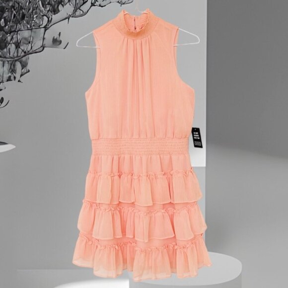 Express Chiffon Mini Dress Women M Mock Neck Tiered Sleeveless Smoke Ne… - Picture 7 of 12